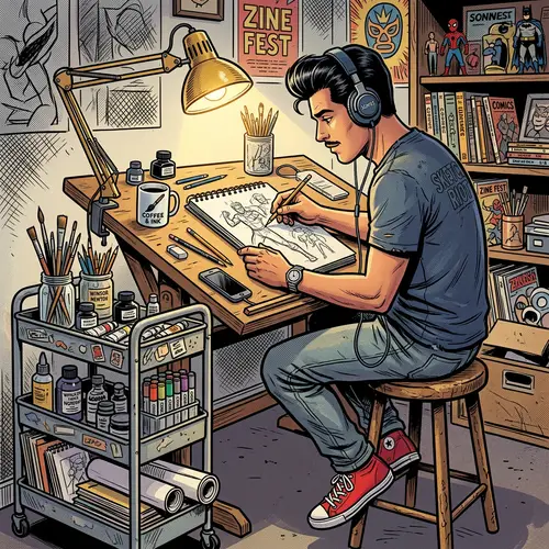 Hispanic Artist Sketching at Drawing Table | Comic Style Illustration