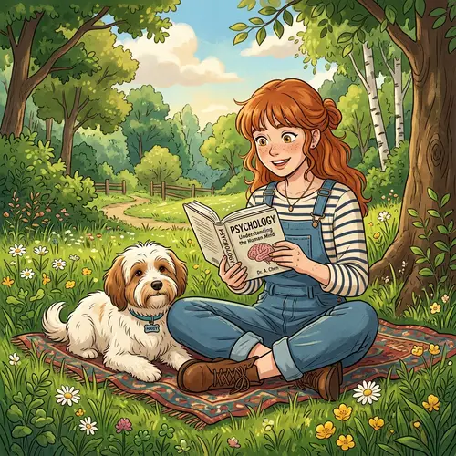 Nature-Loving Redhead Woman Illustration reading Psychology Book