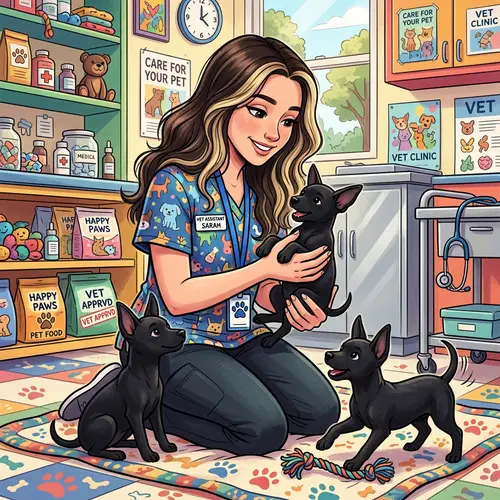 Colorful Illustration of Long-Haired Veterinary Assistant with Miniature Pinscher Puppies