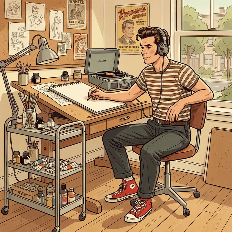 Illustrator at Work in 1950s | Creative Drawing Artist with Music