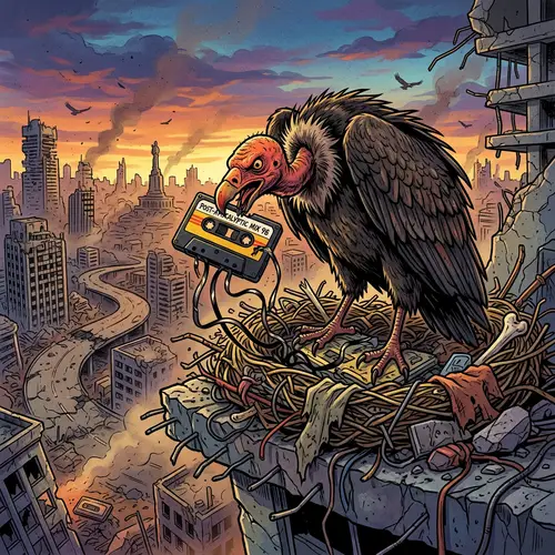 Post-Apocalyptic Vulture Illustration Devouring Cassette Tape