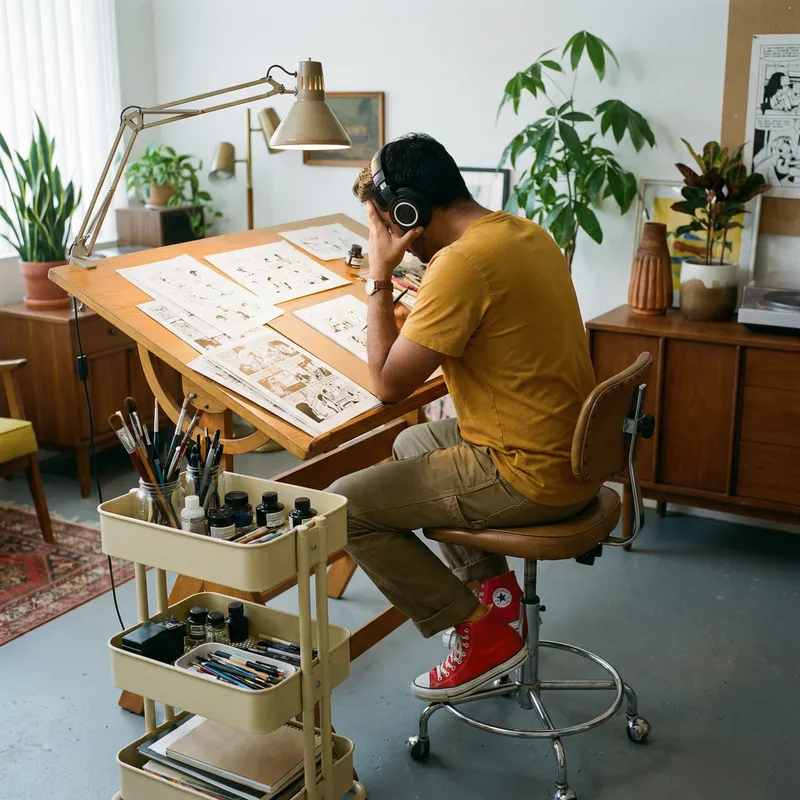 Vintage Cartoonist Drawing at Desk with 50s Hair, Listening to Music