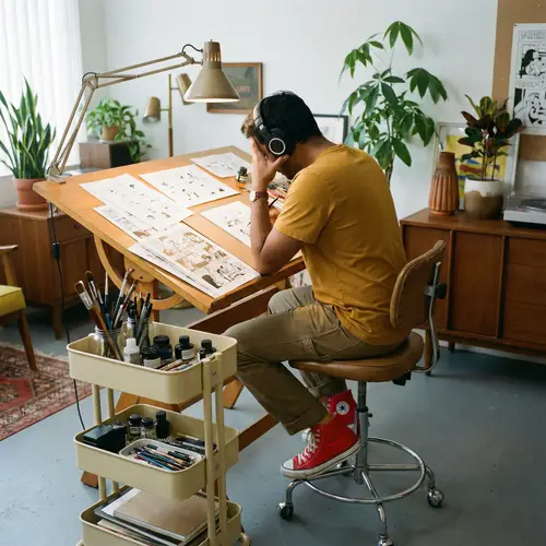 Mid-Century Styled South Asian Cartoonist Working at Drafting Table