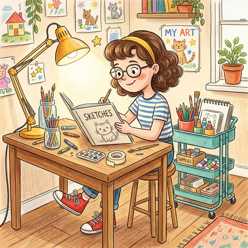 Childlike Style Illustrator Drawing at Desk with Vintage Vibe and Art Supplies Childlike Style Illustrator Drawing at Desk with Vintage Vibe and Art Supplies