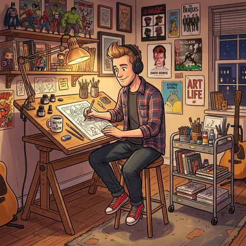 Caucasian Male Cartoonist at Drawing Table | Artistic Workspace