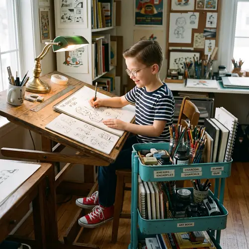 Child-Like Illustrator Drawing at Drafting Table