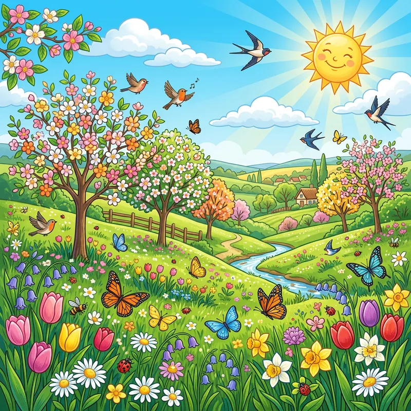 Colorful Spring Vector Illustration: Blooming Flowers, Green Fields & Sunny Skies