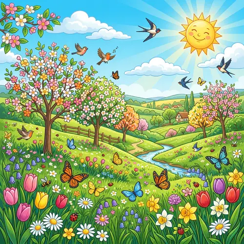 Vibrant Spring Illustration: Blooming Flowers, Green Fields & Sunny Skies