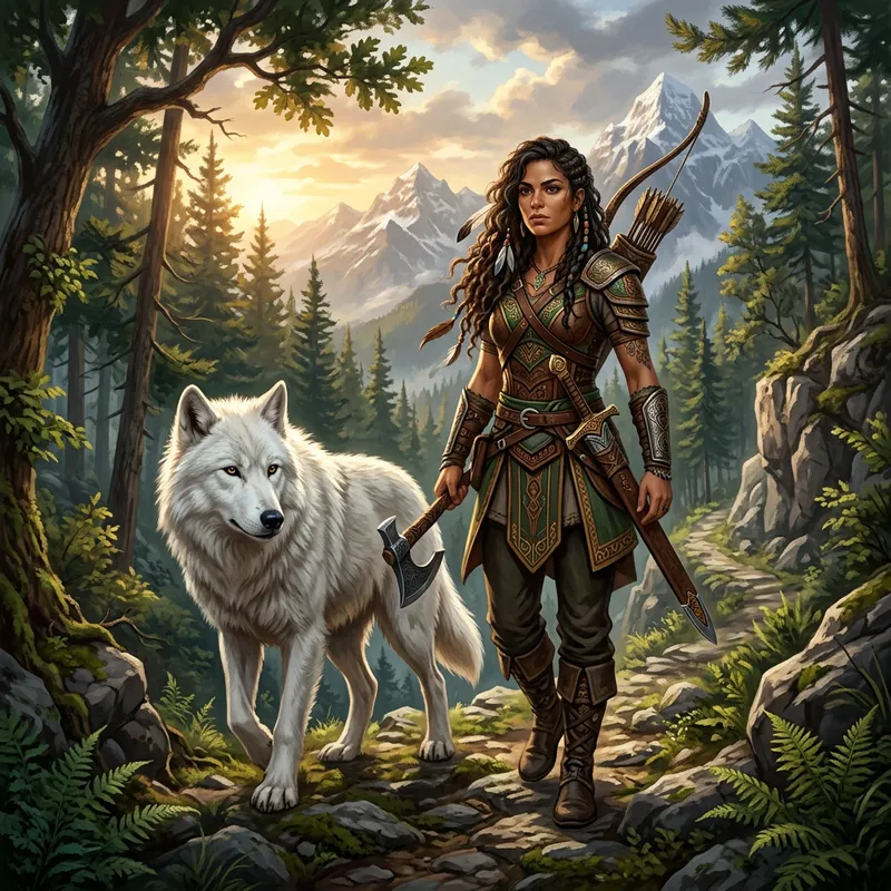 Female Warrior with White Wolf in Mountain Forests - Illustration
