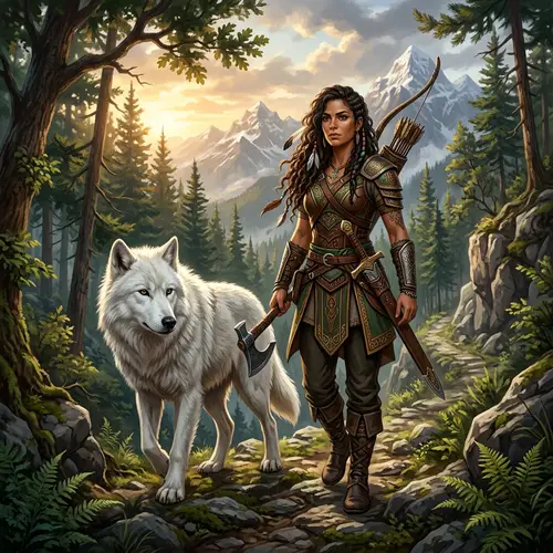 Female Hispanic Warrior with White Wolf in Mountain Forests