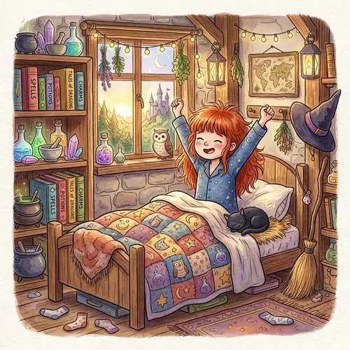 Young Red-Haired Witch Waking Up - Enchanted Children's Illustration