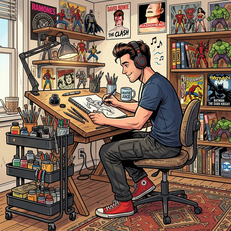 Comic-style Illustrator at Drawing Table with Red Sneakers Comic-style Illustrator at Drawing Table with Red Sneakers
