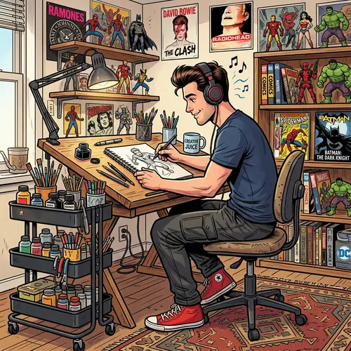Comic-style Illustrator with Pompadour Hairstyle at Drawing Table