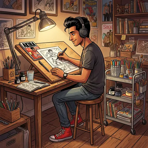 South Asian Male Cartoonist at Drawing Table with 50s Style - Art Illustration