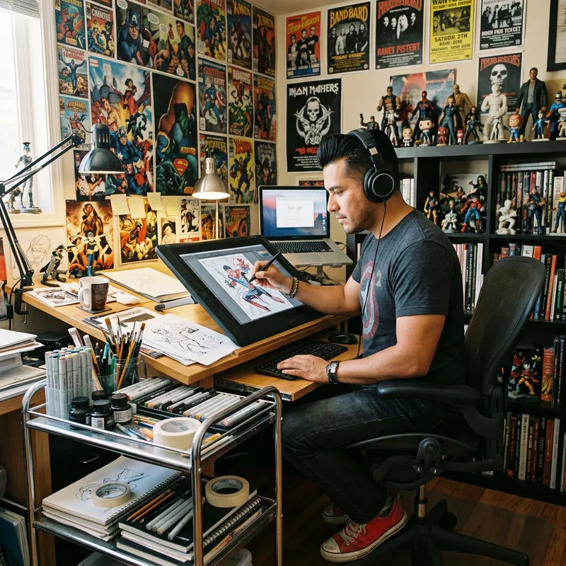 Comic Illustrator Working on Drawing Table Scene with Music and Accessories Comic Illustrator Working on Drawing Table Scene with Music and Accessories