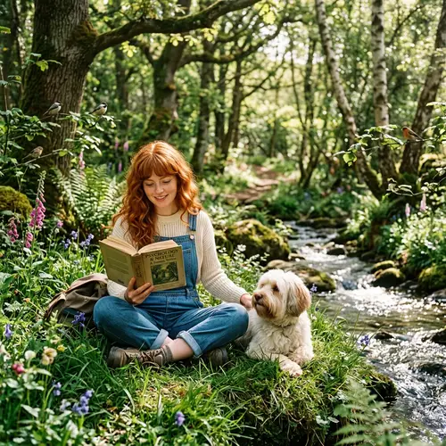 Classic Fairy Tale Inspired Image: Red-Haired Woman in Nature with Tibetan Terrier