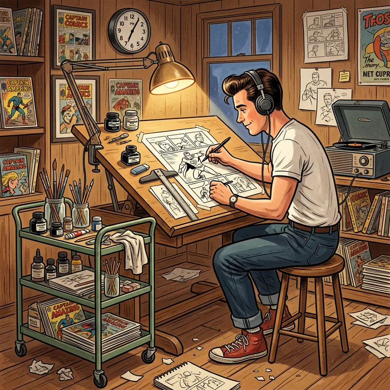 Male Cartoonist Drawing in 1950s Setting with Red Sneakers