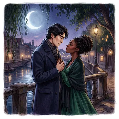 Emotive Nighttime Illustration of Asian Male and Black Female Meeting