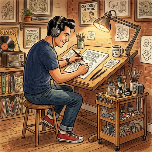 Hispanic Cartoonist in 1950s Style - Sketching Illustration