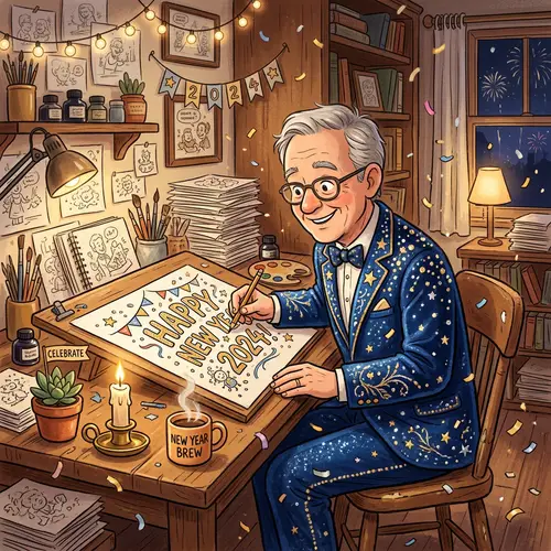 Festive Cartoonist Sketching 'Happy New Year' | Illustration