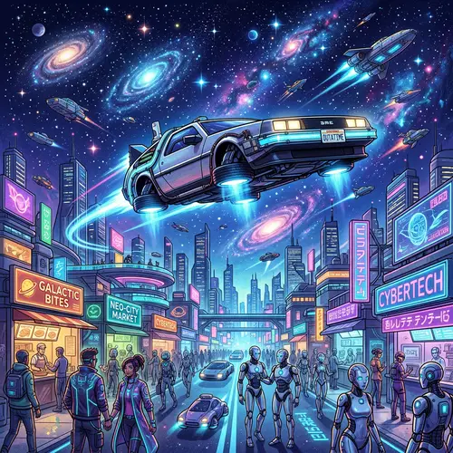 Futuristic Flying Car & High-Tech Society | Night Sky Illustration