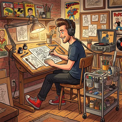 Cartoonist Immersed in Creativity | Drawing Table Scene