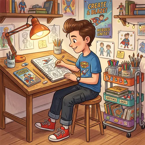 Young Male Comic Artist Illustration - Drawing Table Sketch