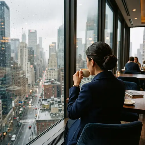 Elegant Woman Sipping Coffee on Rainy Day