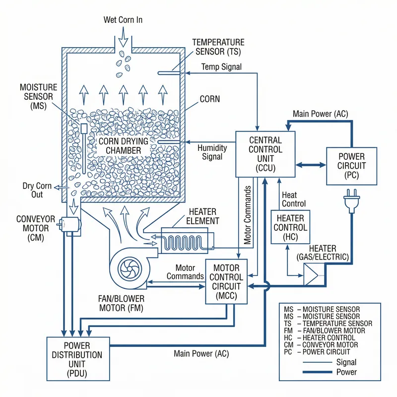 Detailed Maize Dryer Schematic with Moisture and Temperature Sensors