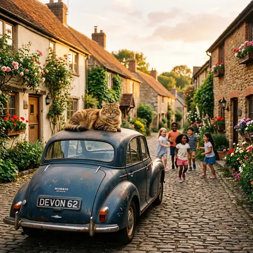 Fluffy Cat on Rustic Car in Charming Village