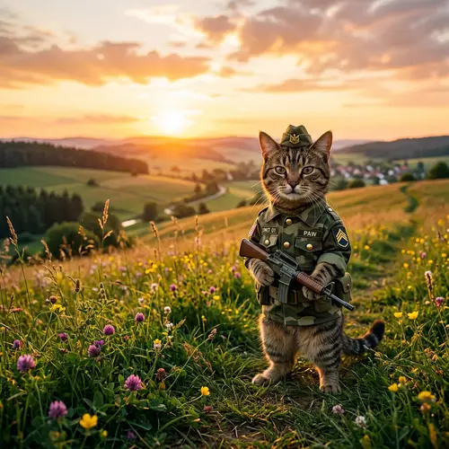 Military Cat with Toy Gun on Grassy Hill