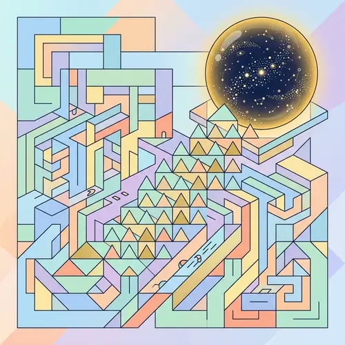 Geometric Curiosity Art: Labyrinth with Golden Sphere