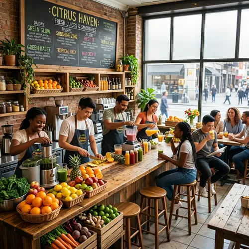Vibrant Juice Bar in a Bustling City | Freshly Squeezed Juices