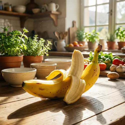 Vivid Scene of Nature's Bounty with Ripened Banana on Wooden Table