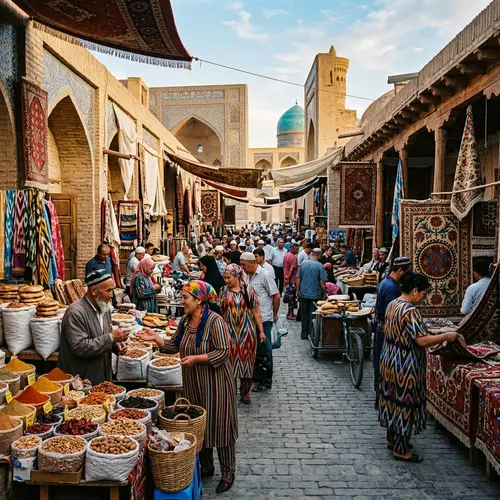Vibrant Uzbekistan Street Market | Warm Tones & Dynamic Trader Scenes