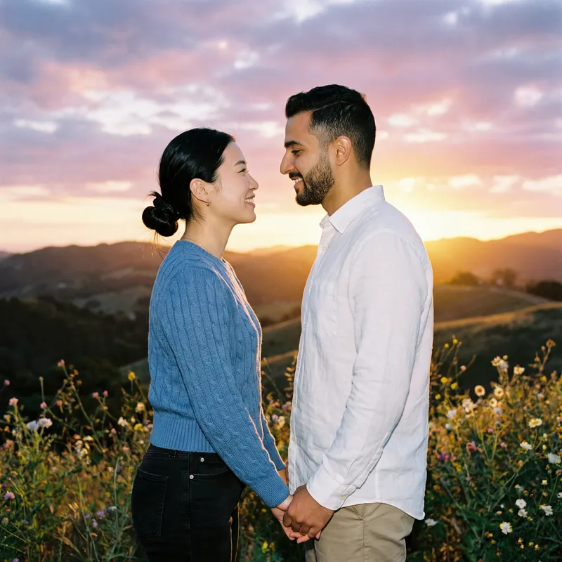 Romantic Multicultural Couple Admiring Sunset on Hilltop