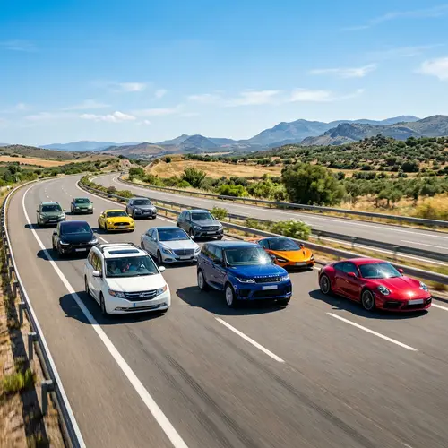 Diverse Cars on Open Road: Sports, SUVs, Luxury Sedans & More