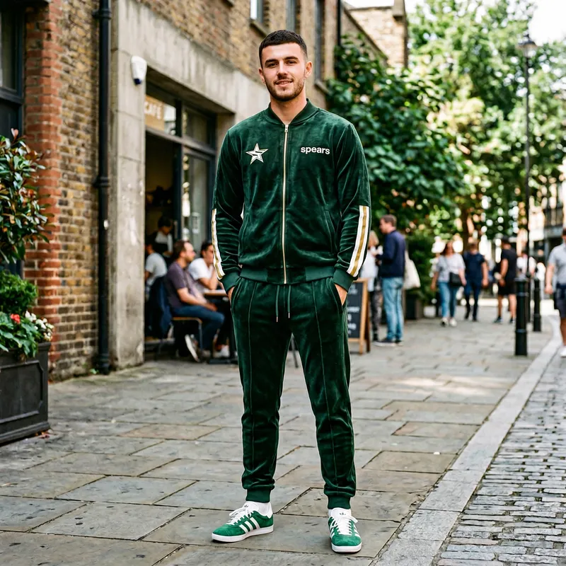 Men's Green Velvet Tracksuit with Stripes - Spears
