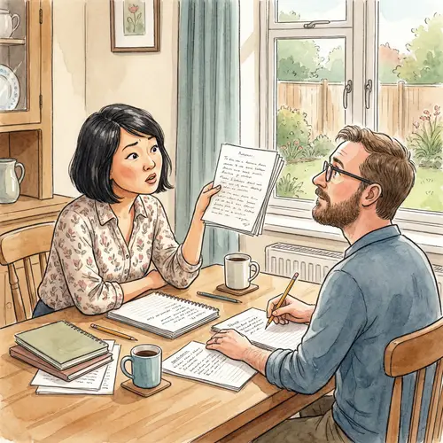 Engaging Asian Wife Quizzes Caucasian Husband at Dining Table