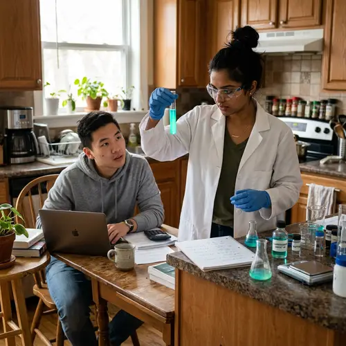 Multicultural Home Experiment: Woman Scientist with Glowing Test Tube