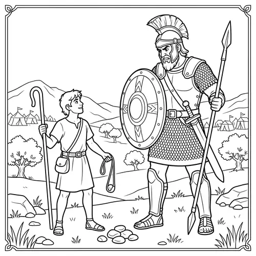 Bible-Themed David and Goliath Coloring Page