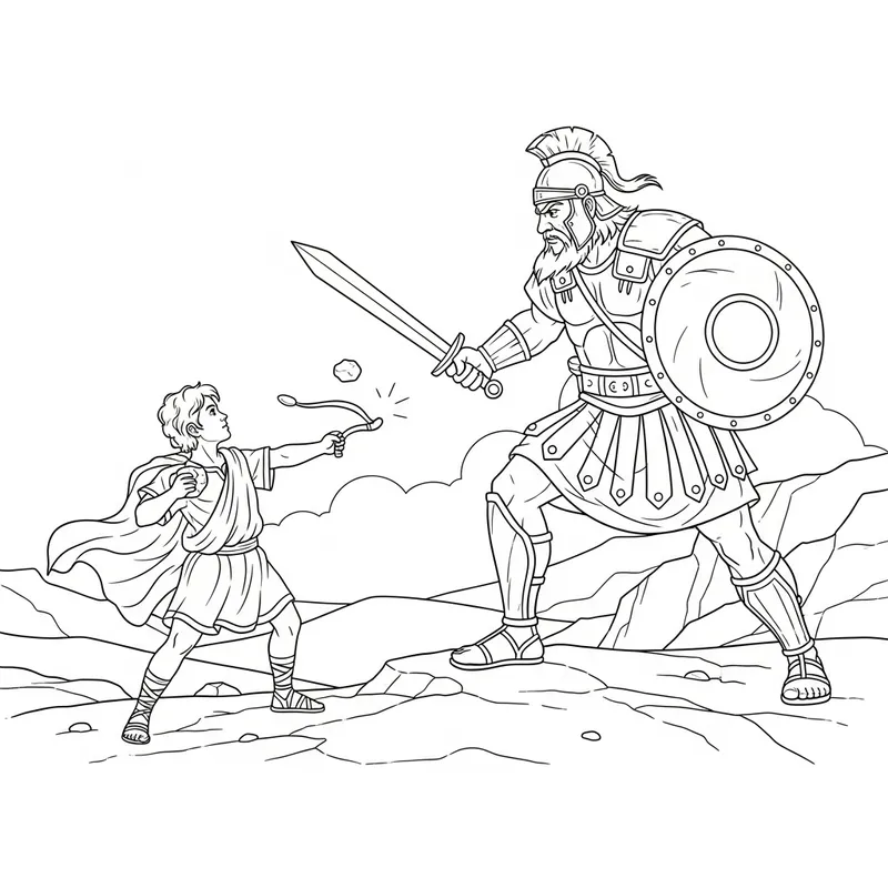 Bible-Themed David and Goliath Coloring Page