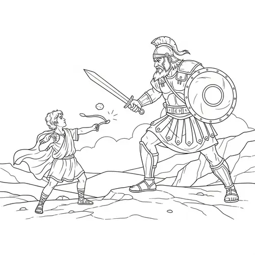 Bible-Themed David and Goliath Coloring Page