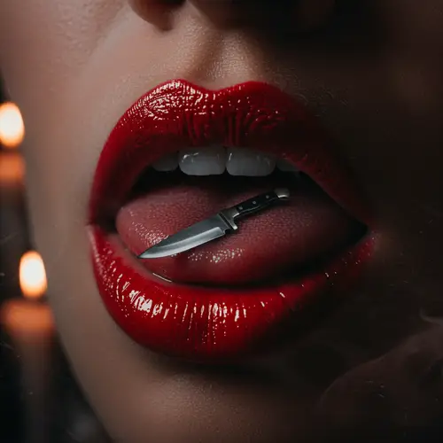 Sensual Red Lips with Knife Tattoo: A Dark Romance