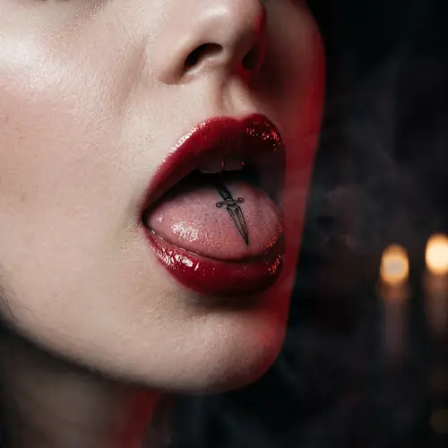 Sensual Red Lips with Knife Tattoo: A Dark Romance