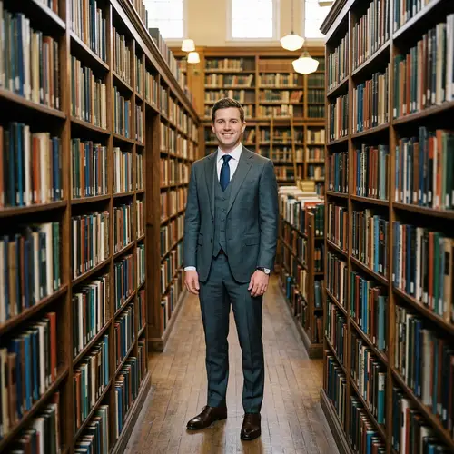Grey Suit Portrait in a Library Setting