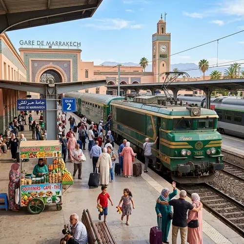 Moroccan Train Station: Bustling Activity Under Sunlit Sky