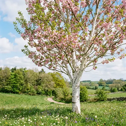 White Trunked Tree with Pink Flowers in Spring