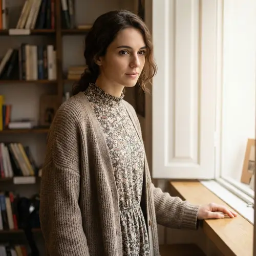 Delicate Young Woman in Her 30s with Stunning Black Eyes and Brown Hair