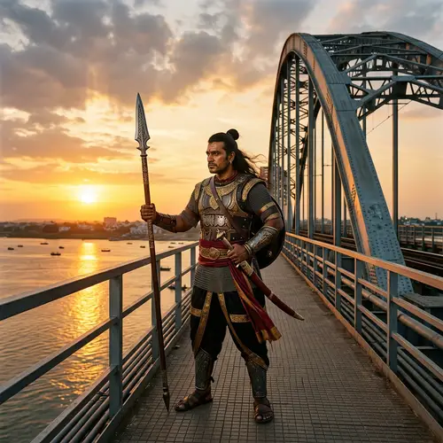 Legendary Warrior in Traditional Armor at Godavari Bridge, India